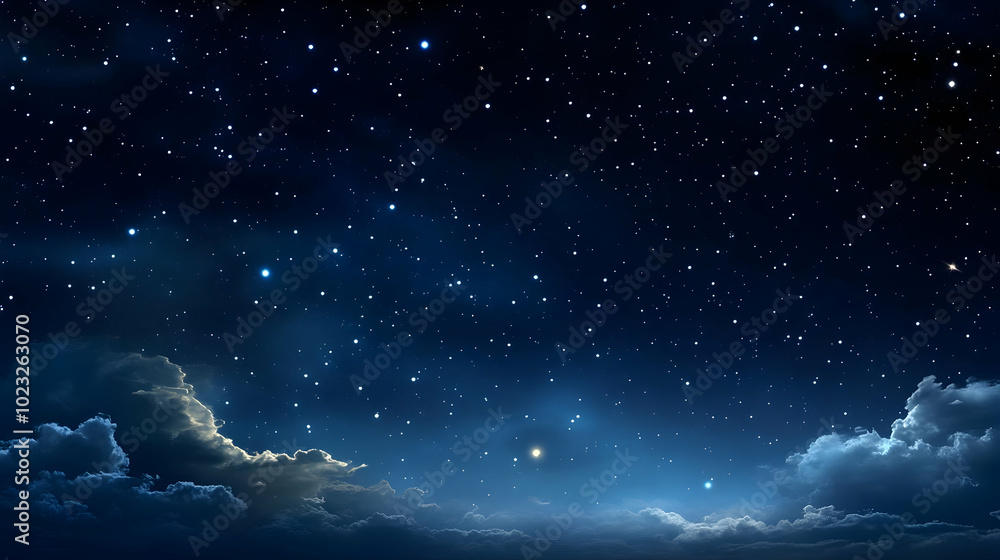 Night Sky with Stars and Clouds, a Dark Blue Canvas Filled with Twinkling Lights, a Peaceful and Serene Atmosphere Night Sky with Stars and Clouds, a Dark Blue Canvas Filled with Twinkling Lights, a Peaceful and Serene Atmosphere