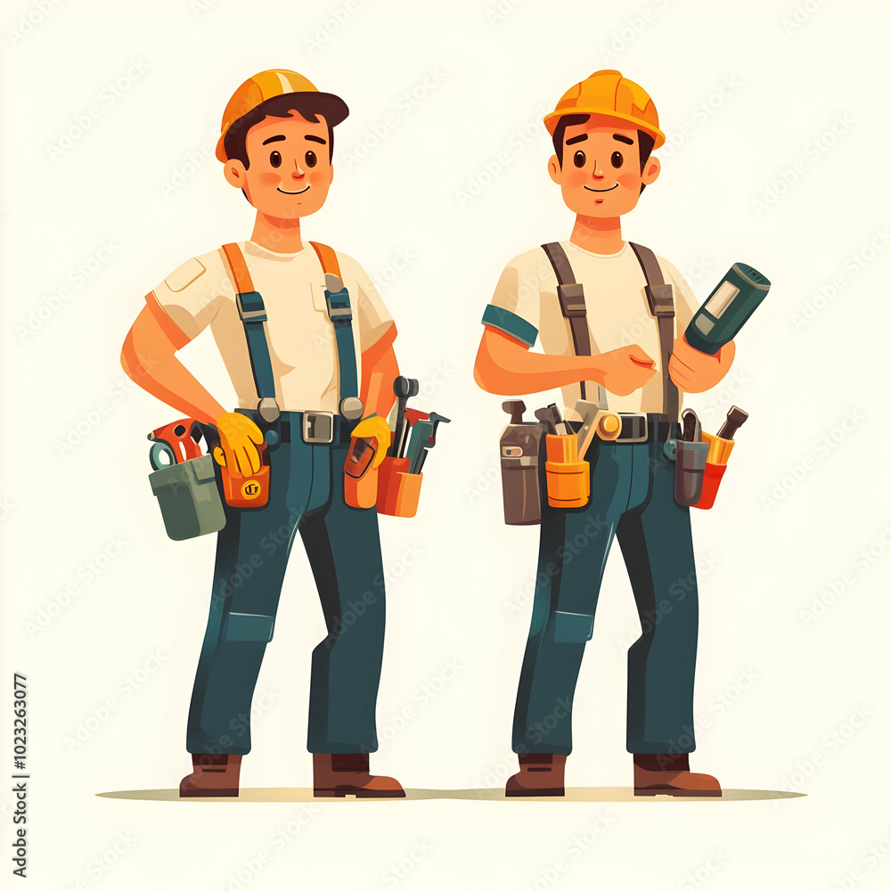 Two Plumbers with Tool Kits and Pipes: Efficient Plumbing Services with Friendly Professionals on a Clean Background for Text and Graphics Two Plumbers with Tool Kits and Pipes: Efficient Plumbing Services with Friendly Professionals on a Clean Background for Text and Graphics