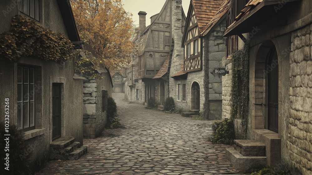 A cobblestone street in a European village, lined with old buildings A cobblestone street in a European village, lined with old buildings