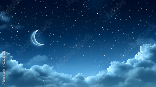 Night Sky Illustration with a Crescent Moon and Fluffy Clouds