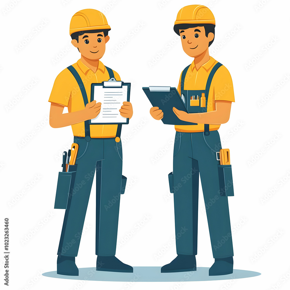 Two Technicians with Tools and Clipboard: Symbolizing Teamwork in Maintenance Services Against a Clean Background for Reliability and Professionalism Two Technicians with Tools and Clipboard: Symbolizing Teamwork in Maintenance Services Against a Clean Background for Reliability and Professionalism