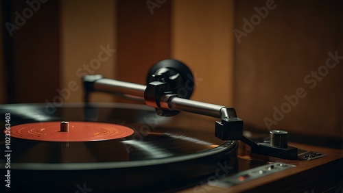 Vintage Vinyl Records and Turntable: Warm Ambient Lighting Creates a Nostalgic Retro Vibe photo