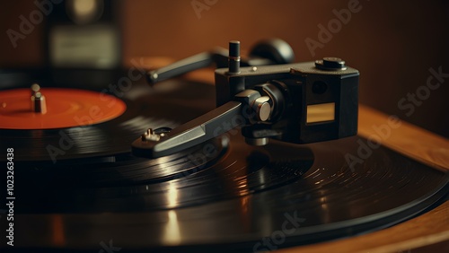 Vintage Vinyl Records and Turntable: Warm Ambient Lighting Creates a Nostalgic Retro Vibe photo