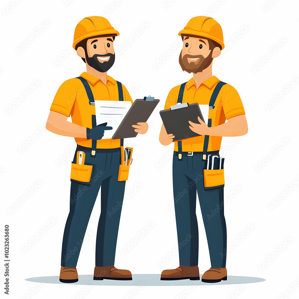 Two Technicians with Tools and Clipboard Symbolizing Teamwork and Reliability in Maintenance Services � Clean Background for Graphics and Text Two Technicians with Tools and Clipboard Symbolizing Teamwork and Reliability in Maintenance Services � Clean Background for Graphics and Text