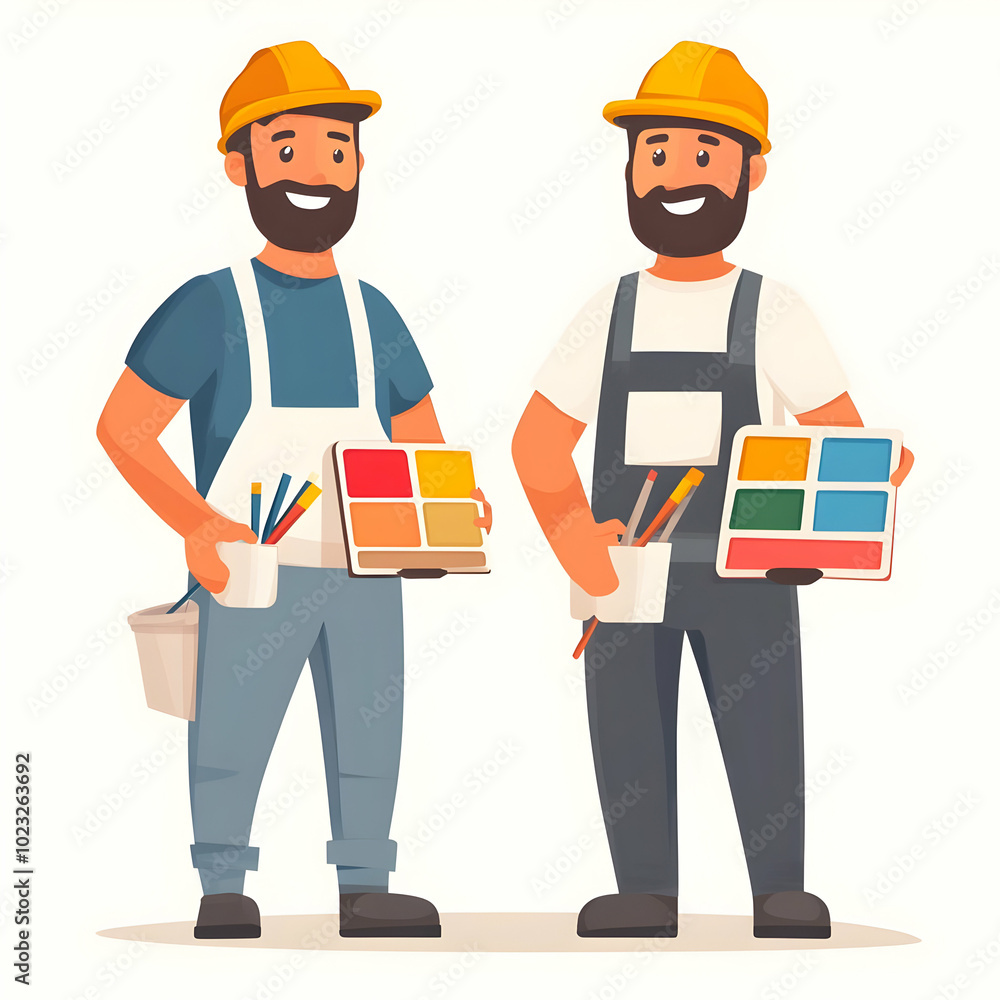 Two Painters Holding Paintbrushes and Color Palettes on Clean Background - Friendly and Efficient Painting Services Visual for Creative Projects Two Painters Holding Paintbrushes and Color Palettes on Clean Background - Friendly and Efficient Painting Services Visual for Creative Projects