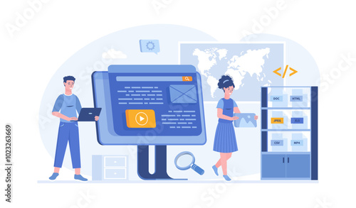 Web scraping. Technology for collecting data from web pages. Extracting content and data from websites in different formats. Vector illustration with characters in flat design for web banner.