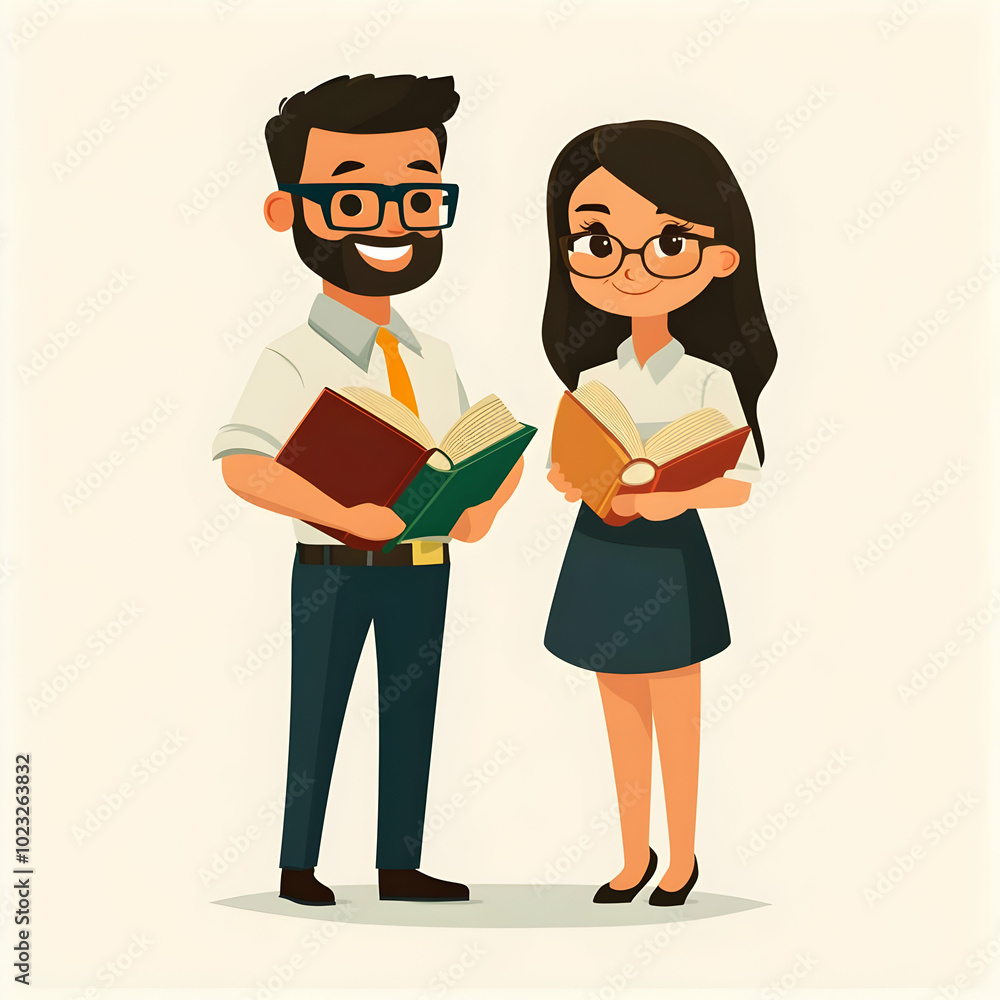 Two Librarians Holding Books and Wearing Reading Glasses Against a Clean Background - Symbolizing Efficient and Friendly Library Services for All Readers Two Librarians Holding Books and Wearing Reading Glasses Against a Clean Background - Symbolizing Efficient and Friendly Library Services for All Readers