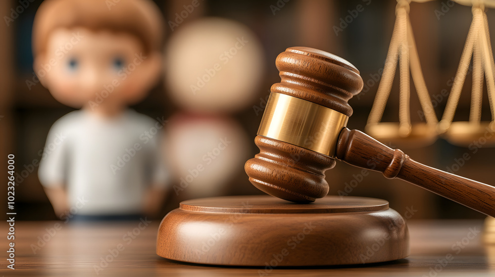 Gavel on a desk, with an out-of-focus child representing emotional impact. Gavel on a desk, with an out-of-focus child representing emotional impact.