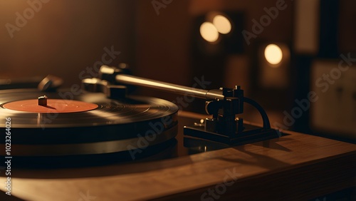 Vintage Vinyl Records and Turntable: Warm Ambient Lighting Creates a Nostalgic Retro Vibe photo