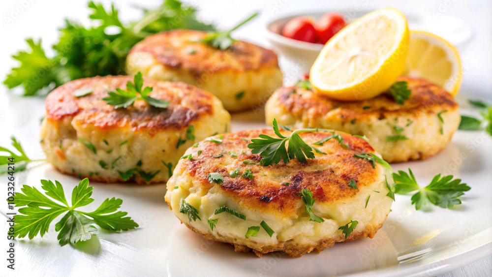 Tasty healthy and nutritious seafood Simple fish cakes on white background Tasty healthy and nutritious seafood Simple fish cakes on white background