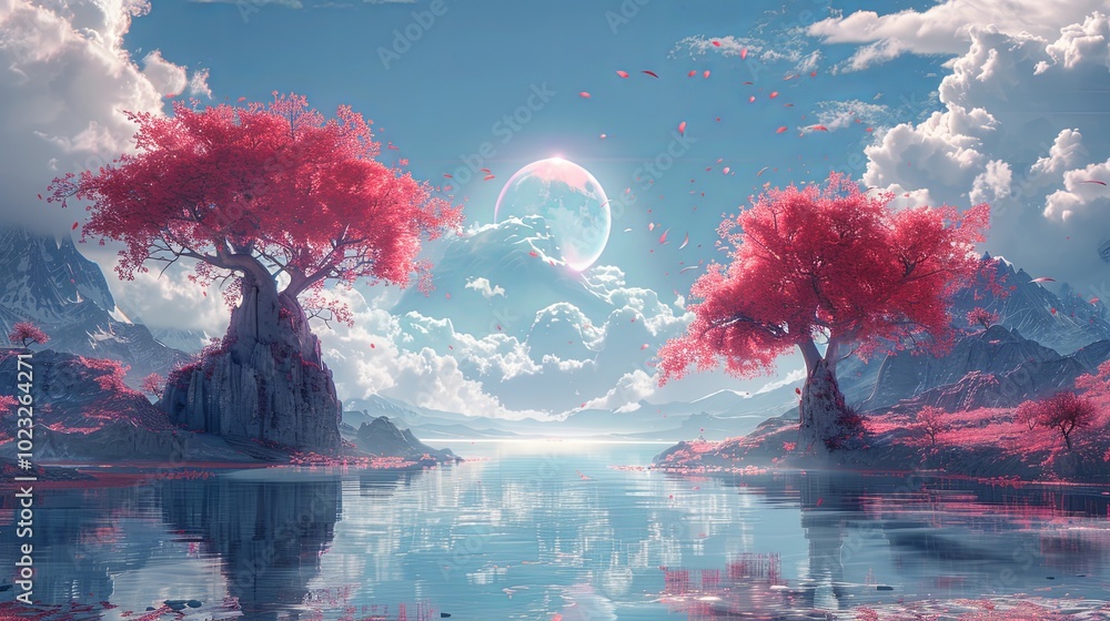Fototapeta premium The metallic portal in the middle of the clear river that connected to the ocean that has surrounded with the bright blue cloudy sky and the pink desert with the pink tree and pink mountain