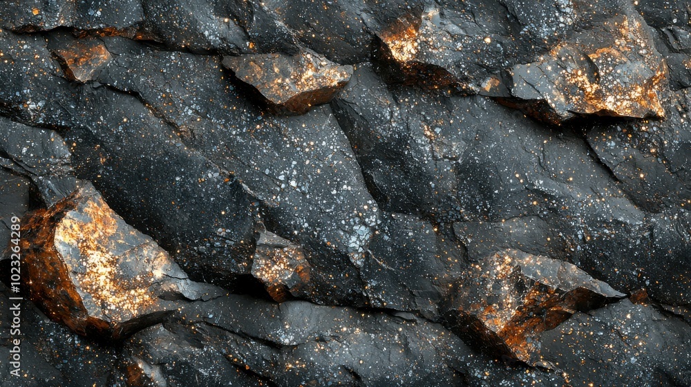 A close-up view of natural rock formations with shiny elements scattered throughout the dark surface, showcasing the geology's unique textures and colors. A close-up view of natural rock formations with shiny elements scattered throughout the dark surface, showcasing the geology's unique textures and colors.
