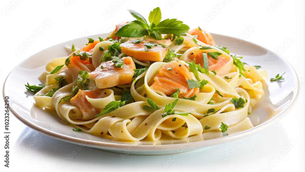 Tasty healthy and nutritious seafood Smoked salmon pasta on white or transparent background Tasty healthy and nutritious seafood Smoked salmon pasta on white or transparent background