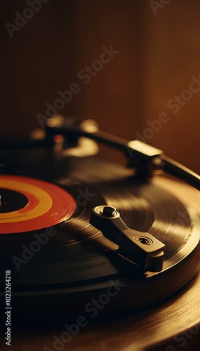 Vintage Vinyl Records and Turntable: Warm Ambient Lighting Creates a Nostalgic Retro Vibe photo