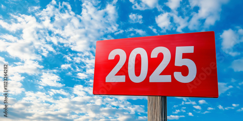 2025 red road sign against blue sky with white clouds - concept of future, new year, and progress.