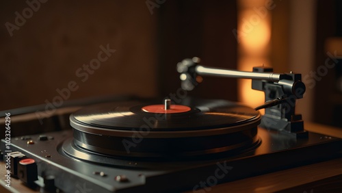 Vintage Vinyl Records and Turntable: Warm Ambient Lighting Creates a Nostalgic Retro Vibe photo