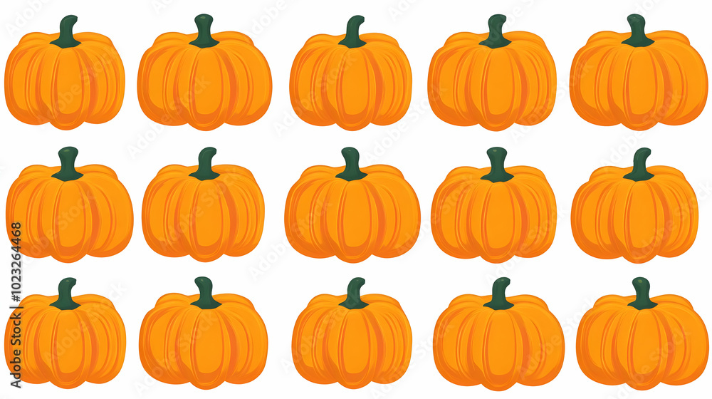 A Row of 18 Orange Pumpkins with Green Stems, Arranged in a Pattern on a White Background A Row of 18 Orange Pumpkins with Green Stems, Arranged in a Pattern on a White Background