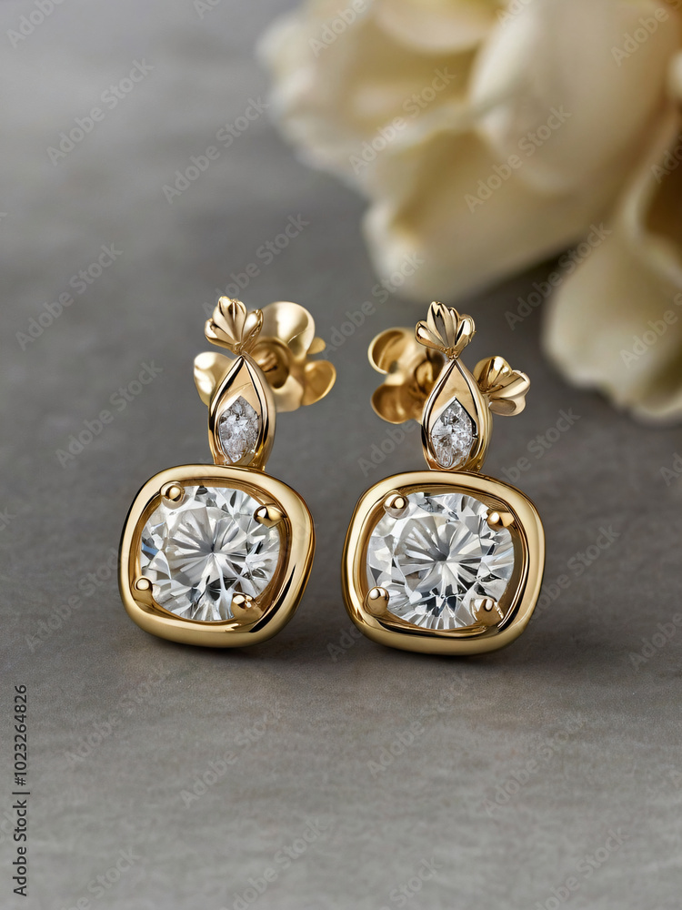 a pair of elegant gold earrings adorned with round-cut diamonds. a pair of elegant gold earrings adorned with round-cut diamonds.