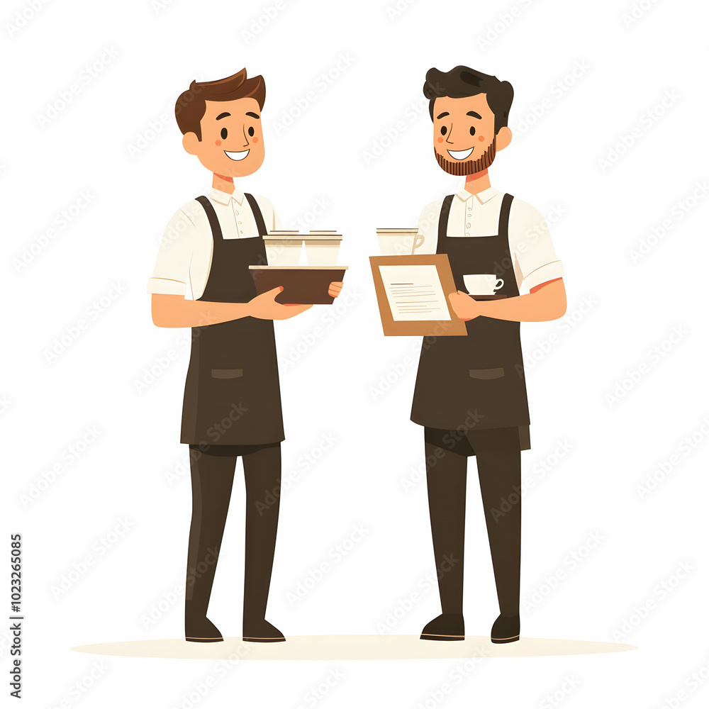 Two Waiters Holding Coffee Cups and Menus on Clean Background - Symbolizing Efficient and Friendly Restaurant Services with Ample Space for Text or Graphics Two Waiters Holding Coffee Cups and Menus on Clean Background - Symbolizing Efficient and Friendly Restaurant Services with Ample Space for Text or Graphics