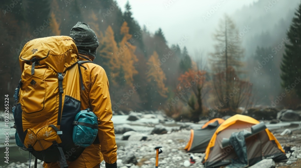 Adventurer Hiking in Misty Autumn Forest Near River and Mountains Adventurer Hiking in Misty Autumn Forest Near River and Mountains