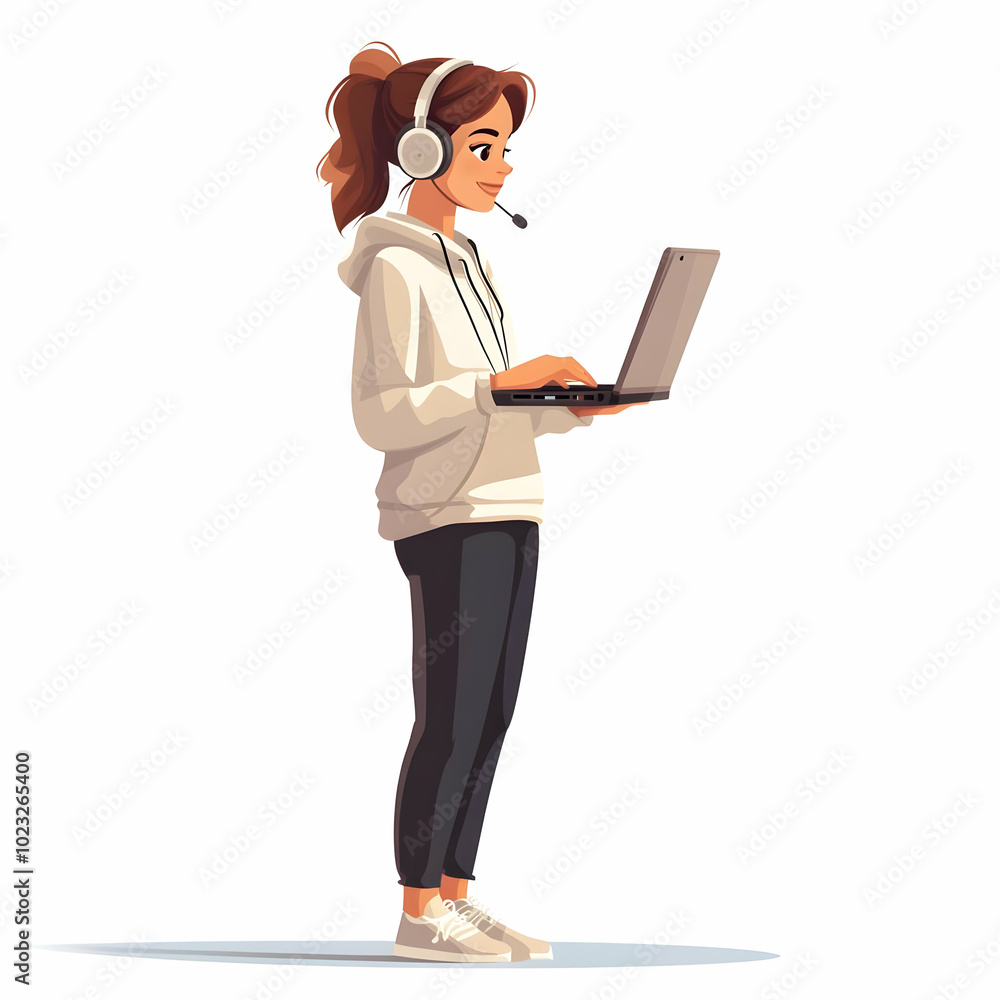 Friendly Tech Support Concept: Person with Laptop and Headset Providing Efficient Assistance on Blank Background for Graphics Friendly Tech Support Concept: Person with Laptop and Headset Providing Efficient Assistance on Blank Background for Graphics
