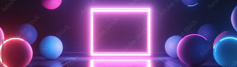 Neon pink frame with glowing spheres on a dark background. Neon pink frame with glowing spheres on a dark background.