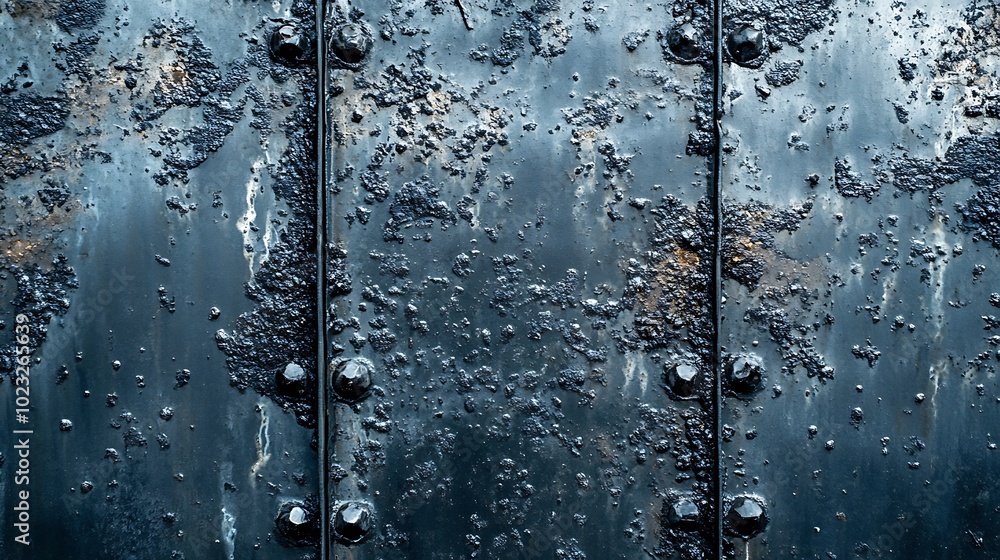 Close-up of a weathered metal surface with peeling paint, rivets, and a textured background. Close-up of a weathered metal surface with peeling paint, rivets, and a textured background.