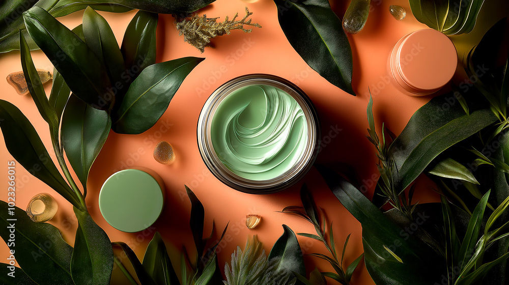 close-up of the cream product with the lid slightly open, showing the cosmetic smooth cream inside, set against a plain simple minimalism background with leaves close-up of the cream product with the lid slightly open, showing the cosmetic smooth cream inside, set against a plain simple minimalism background with leaves