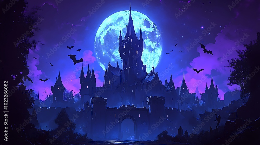 A spooky cartoon-style vampire castle with dark stone walls and sharp spires. A full moon glows brightly behind the castle, and bats fly around the towers. A spooky cartoon-style vampire castle with dark stone walls and sharp spires. A full moon glows brightly behind the castle, and bats fly around the towers.