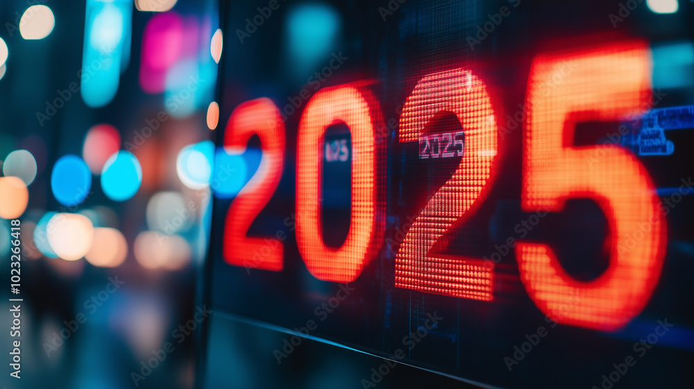 Bright led display highlighting 2025 in an urban setting, symbolizing financial forecast, business growth, and technological advancements. Bright led display highlighting 2025 in an urban setting, symbolizing financial forecast, business growth, and technological advancements.