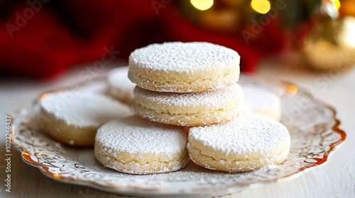 Traditional Spanish Christmas cookies polvorones on a plate. Festive decoration candle light photo