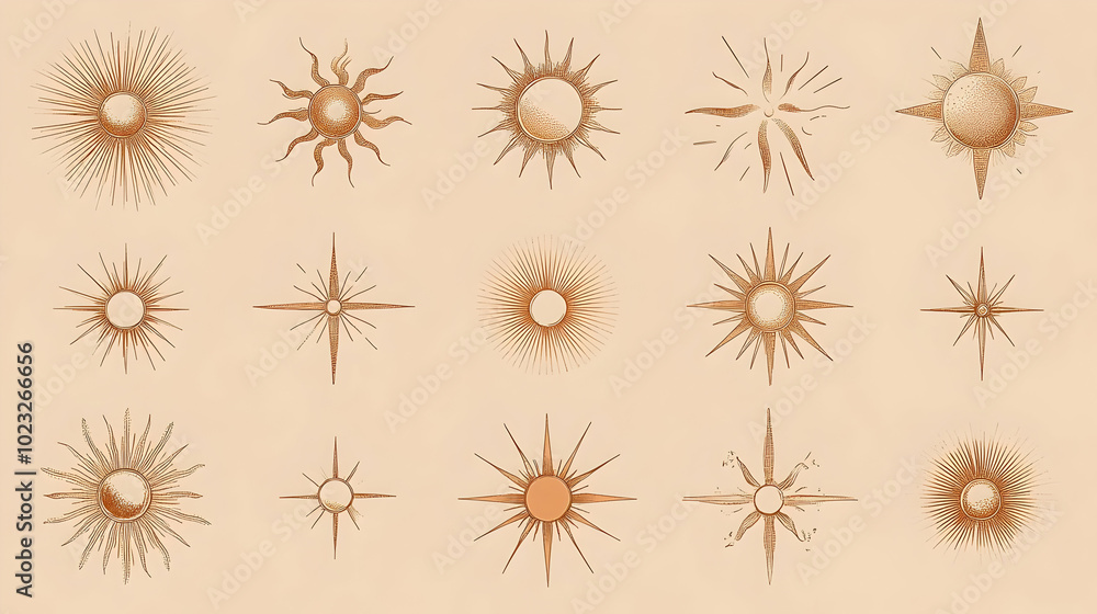 Collection of Hand-Drawn Sun and Star Illustrations with Vintage Aesthetic for Design Projects Collection of Hand-Drawn Sun and Star Illustrations with Vintage Aesthetic for Design Projects