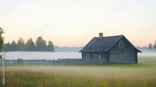 Misty Morning at an Old Wooden Farmhouse