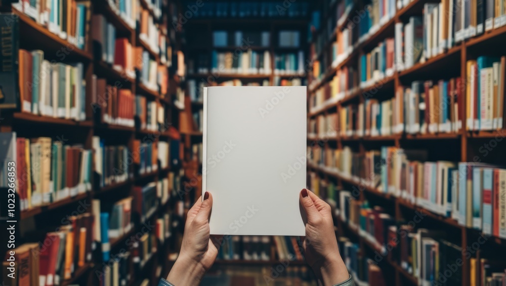 A person holds a blank book in a quiet library filled with shelves of colorful books during the day A person holds a blank book in a quiet library filled with shelves of colorful books during the day