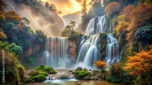 Shimmering, Pale Caramel waterfalls cascading down a misty, dreamy cliffside, surrounded by lush, vibrant foliage.