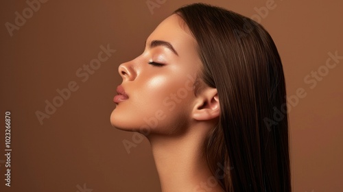 A woman with long hair is looking straight ahead