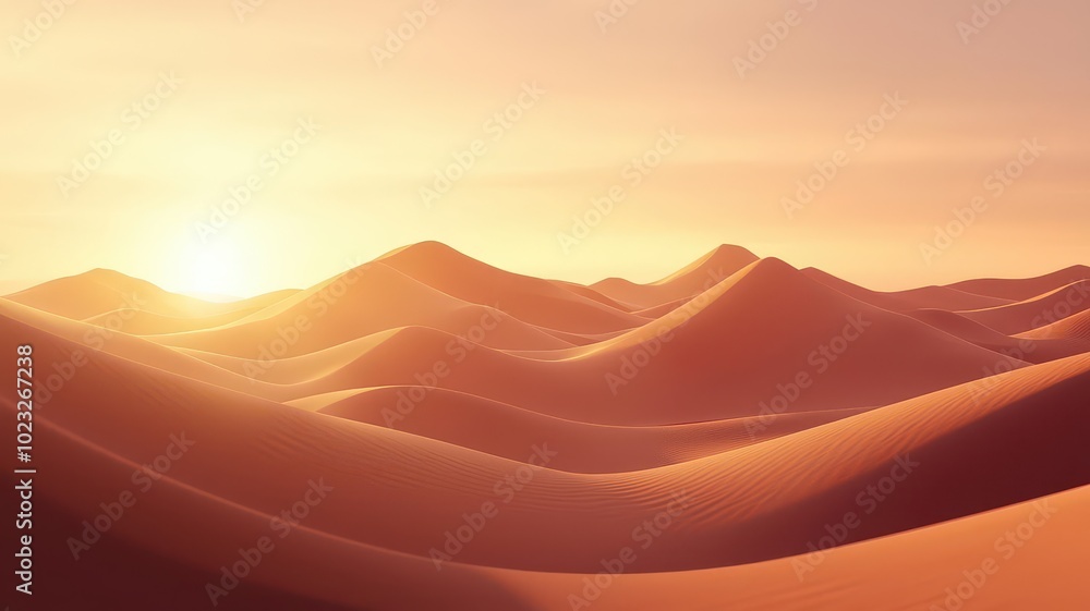 Sunset over a desert landscape, the sun casting long shadows across rolling sand dunes, creating a peaceful and otherworldly scene Sunset over a desert landscape, the sun casting long shadows across rolling sand dunes, creating a peaceful and otherworldly scene