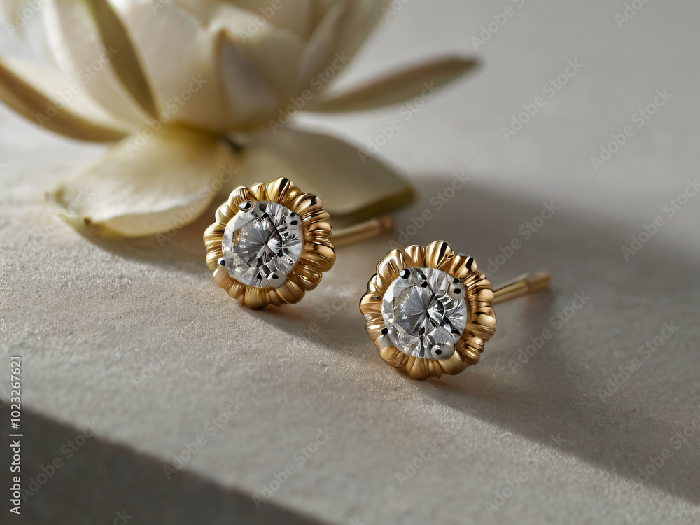 Fototapeta premium a pair of elegant gold earrings adorned with round-cut diamonds.