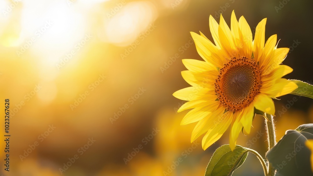 Obraz premium A vibrant sunflower field basking in golden sunlight, with bright yellow petals radiating warmth and positivity in a nature setting