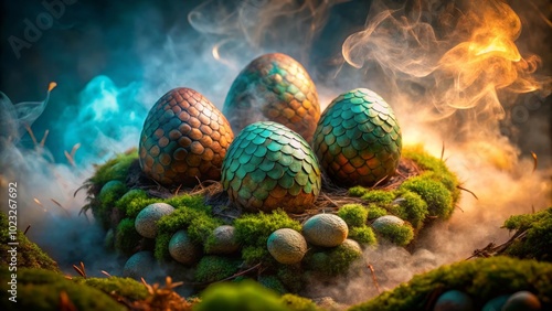 Ancient dragon eggs nestled in a bed of warm taupe moss, with turquoise mist swirling around them