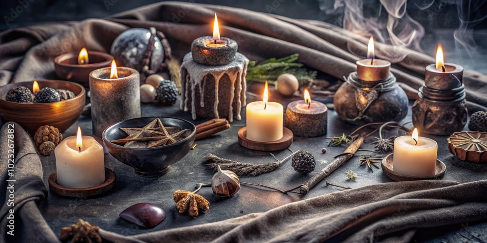 Ancient, mystical artifacts arranged on a velvet, ash gray cloth, surrounded by flickering, ethereal candles Ancient, mystical artifacts arranged on a velvet, ash gray cloth, surrounded by flickering, ethereal candles