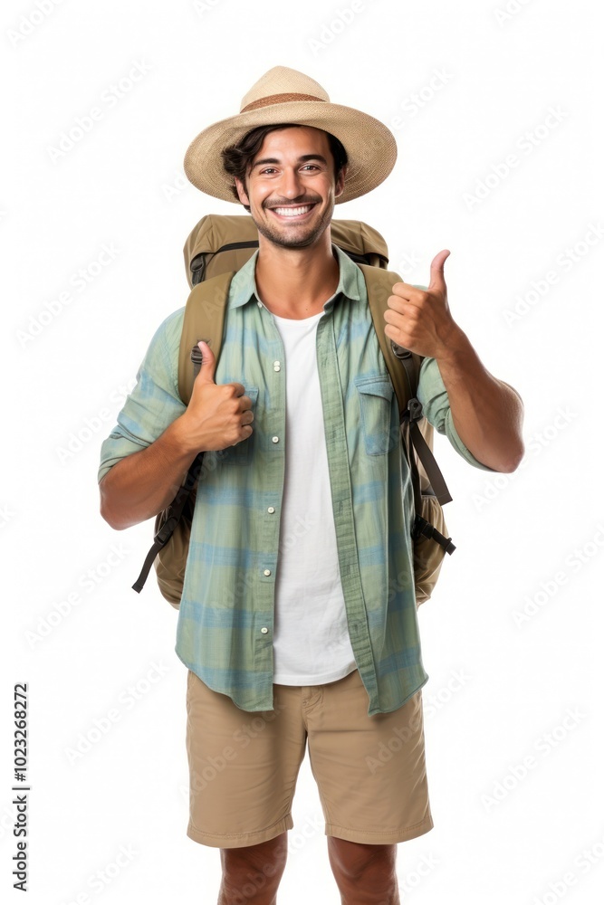 Brazilian traveler showing thumb up clothing shorts adult. Brazilian traveler showing thumb up clothing shorts adult.