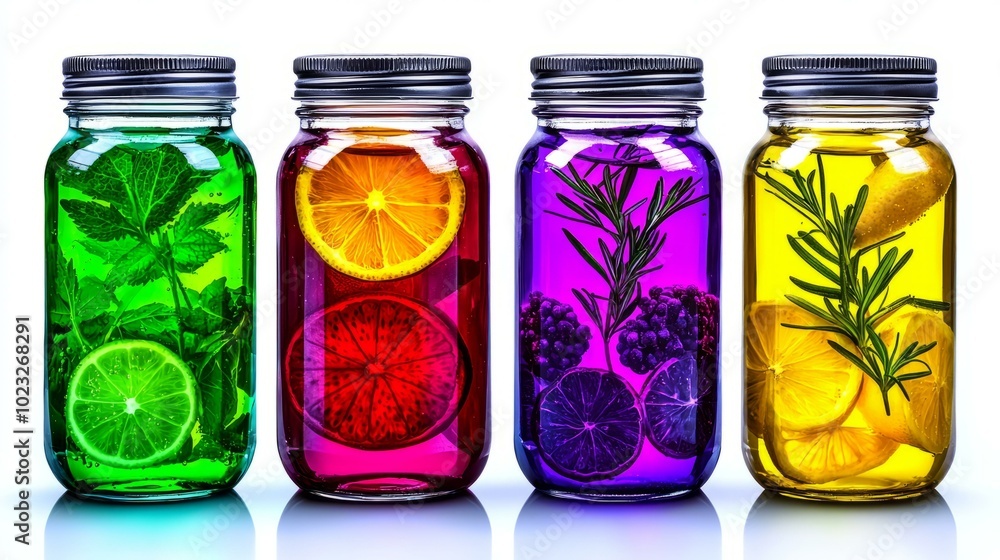 Colorful infused water jars with fruits and herbs, white isolate background Colorful infused water jars with fruits and herbs, white isolate background