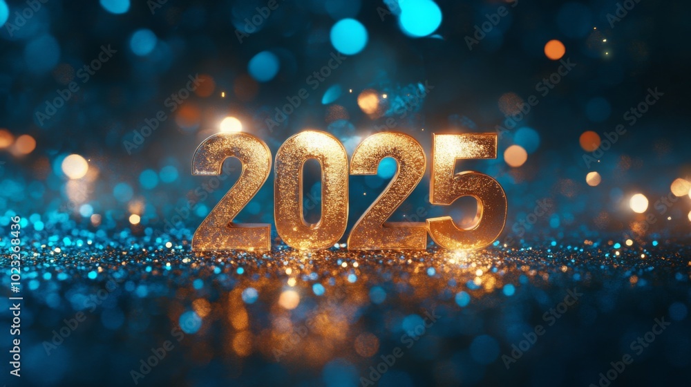 Shiny metallic numbers 2025 illuminated by soft golden lights on a glittery backdrop, with a blue bokeh background Shiny metallic numbers 2025 illuminated by soft golden lights on a glittery backdrop, with a blue bokeh background