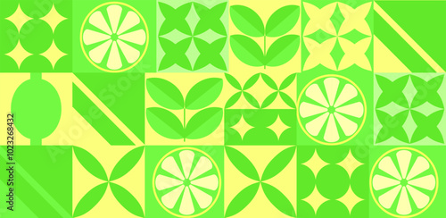 Lemon geometric background. Vector minimalist style pattern. Bauhaus trend. Abstract illustration of lemon, leaves, symbols. Simple icon.