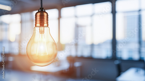 Light bulb in front of a modern office space. Coworking environment.