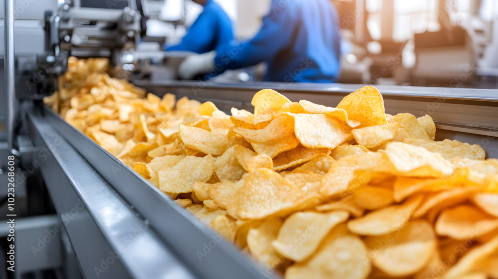 Potato Chips Production Line at Food Plant – Manufacturing Process for Snack Foods Potato Chips Production Line at Food Plant – Manufacturing Process for Snack Foods