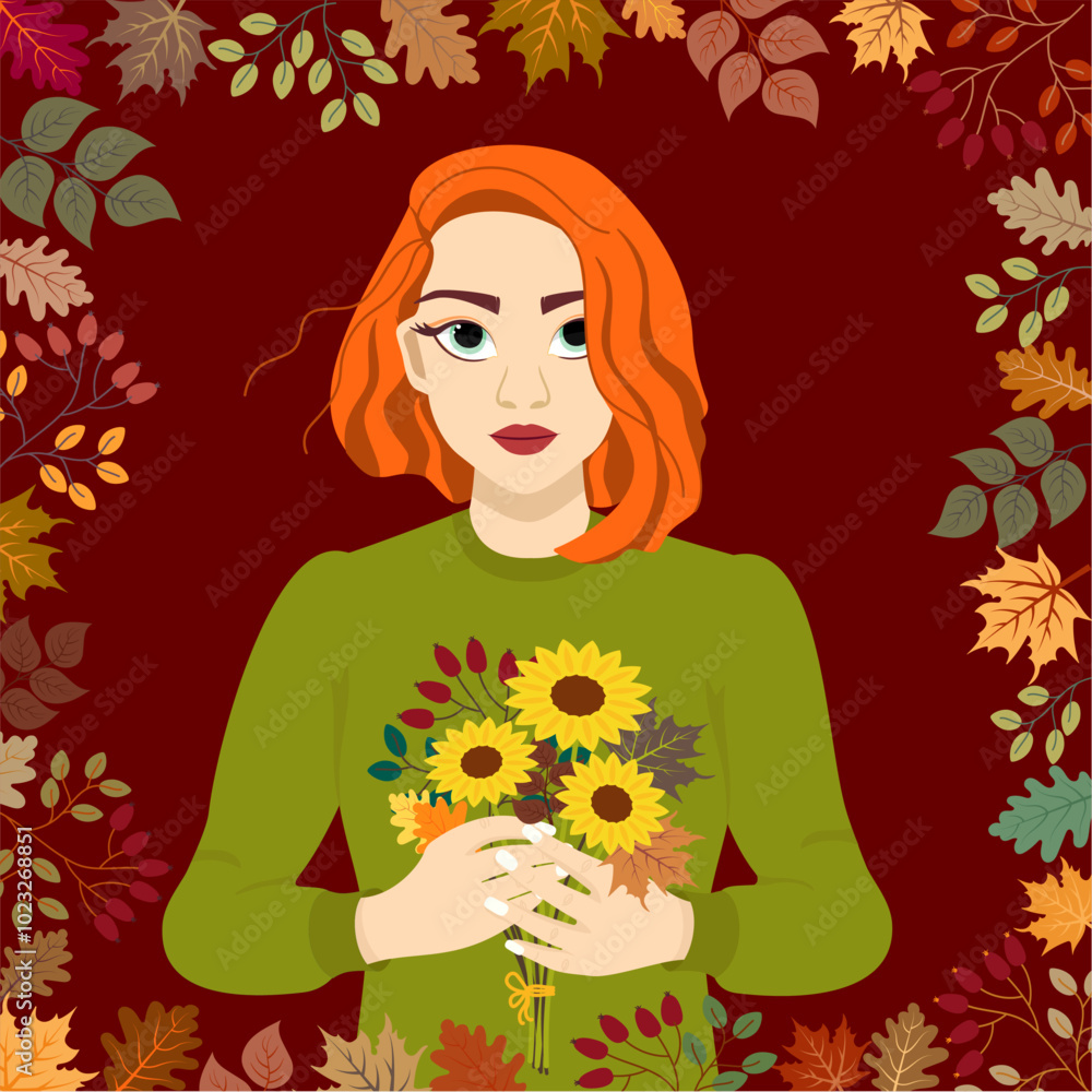 Beautiful red-haired woman holds a bouquet of autumn flowers in her hands. Autumn leaves frame on the background. Beautiful red-haired woman holds a bouquet of autumn flowers in her hands. Autumn leaves frame on the background.