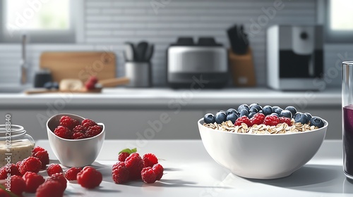 A vibrant kitchen scene featuring a bowl of mixed berries, oatmeal, and a refreshing drink, perfect for healthy meal inspiration. photo