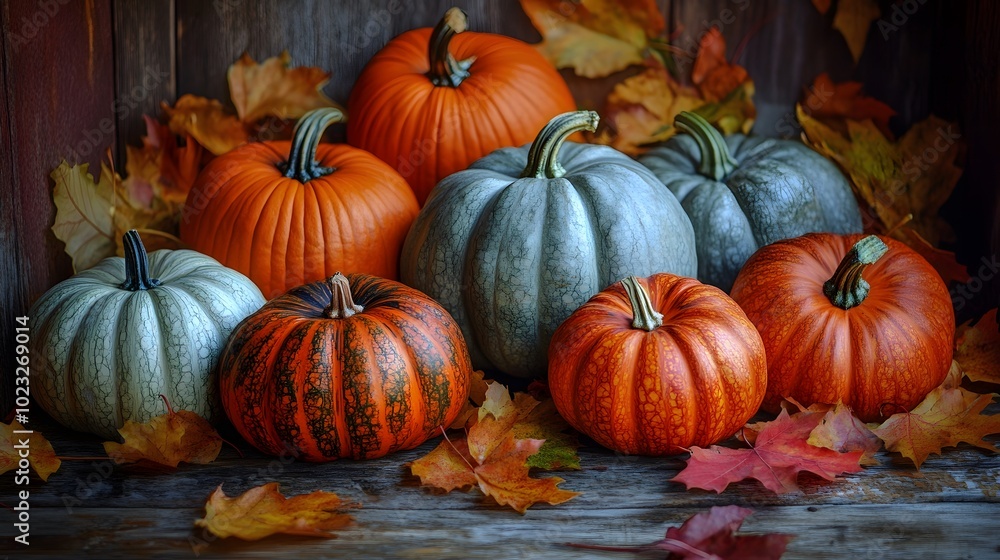 A photograph of pumpkins and autumn leaves on a wooden background, showcasing the beauty of the fall season A photograph of pumpkins and autumn leaves on a wooden background, showcasing the beauty of the fall season